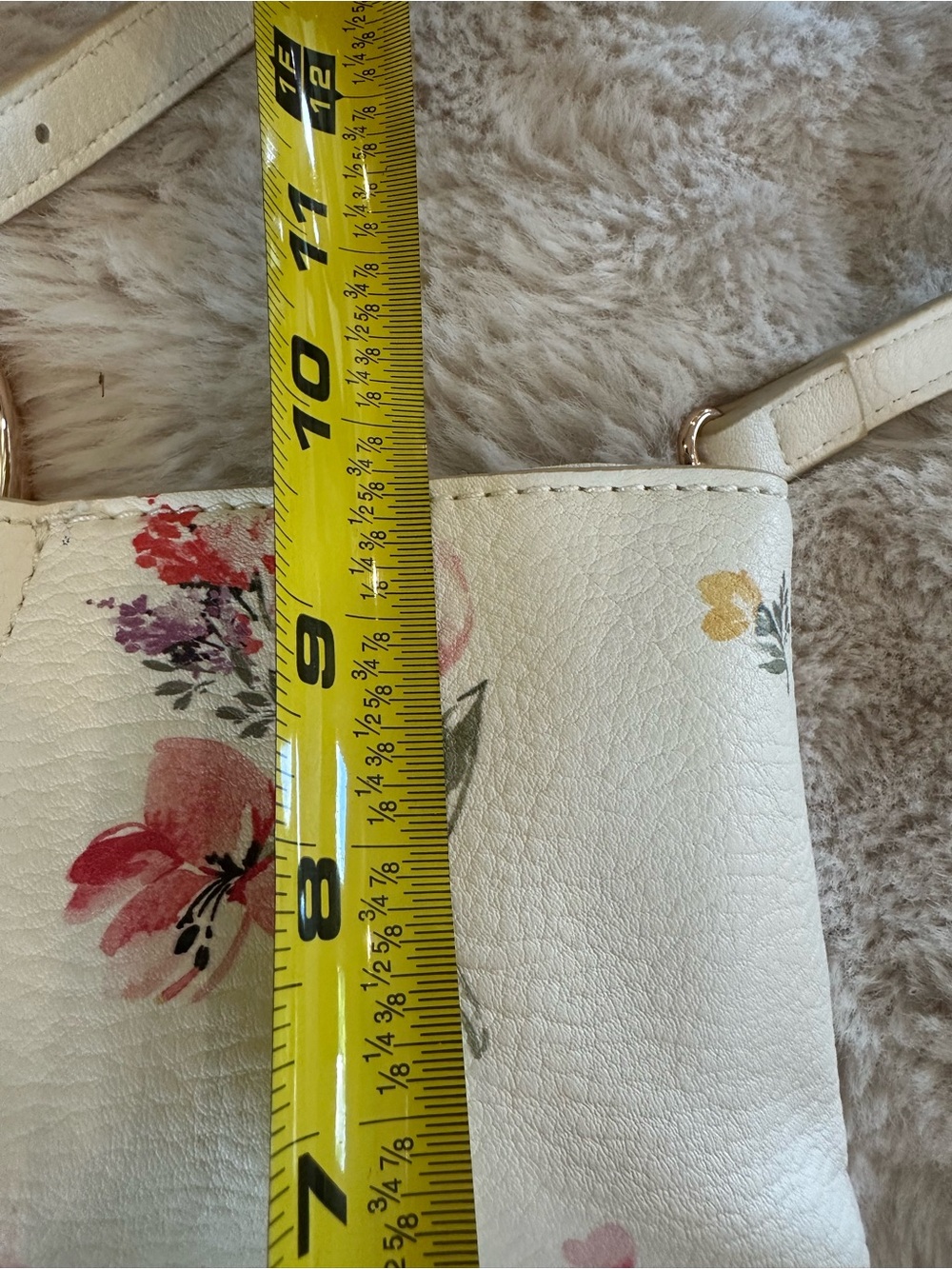 Floral Print Ivory Crossbody Bag with Gold Ring Handle and shoes - Picture 9 of 15